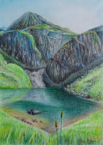 Austrian Mountain Landscape with Lake Schuheflickersee by Olga Milova, Drawing for Sale on Select
