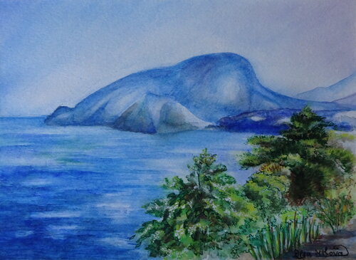 The Blue Mountain in the Sea by Olga Milova, Painting for Sale on Select