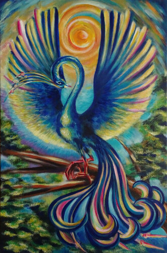 The Blue Bird of Wishes in the Sunlight by Olga Milova, Painting for Sale on Select