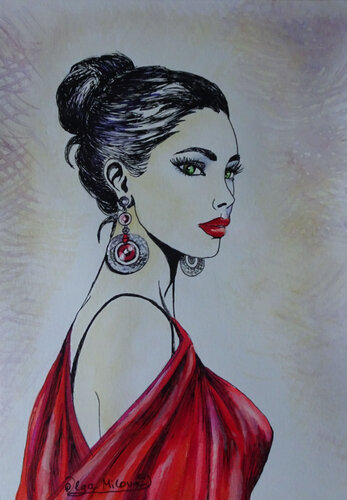 Lady in red - Woman Portrait von Olga Milova, Zeichnungen kaufen auf Select