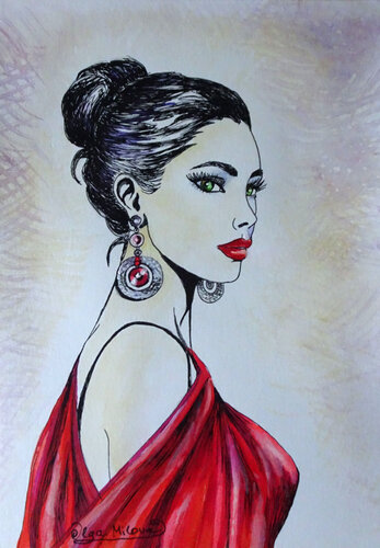 Lady in red - Woman Portrait von Olga Milova, Zeichnungen kaufen auf Select