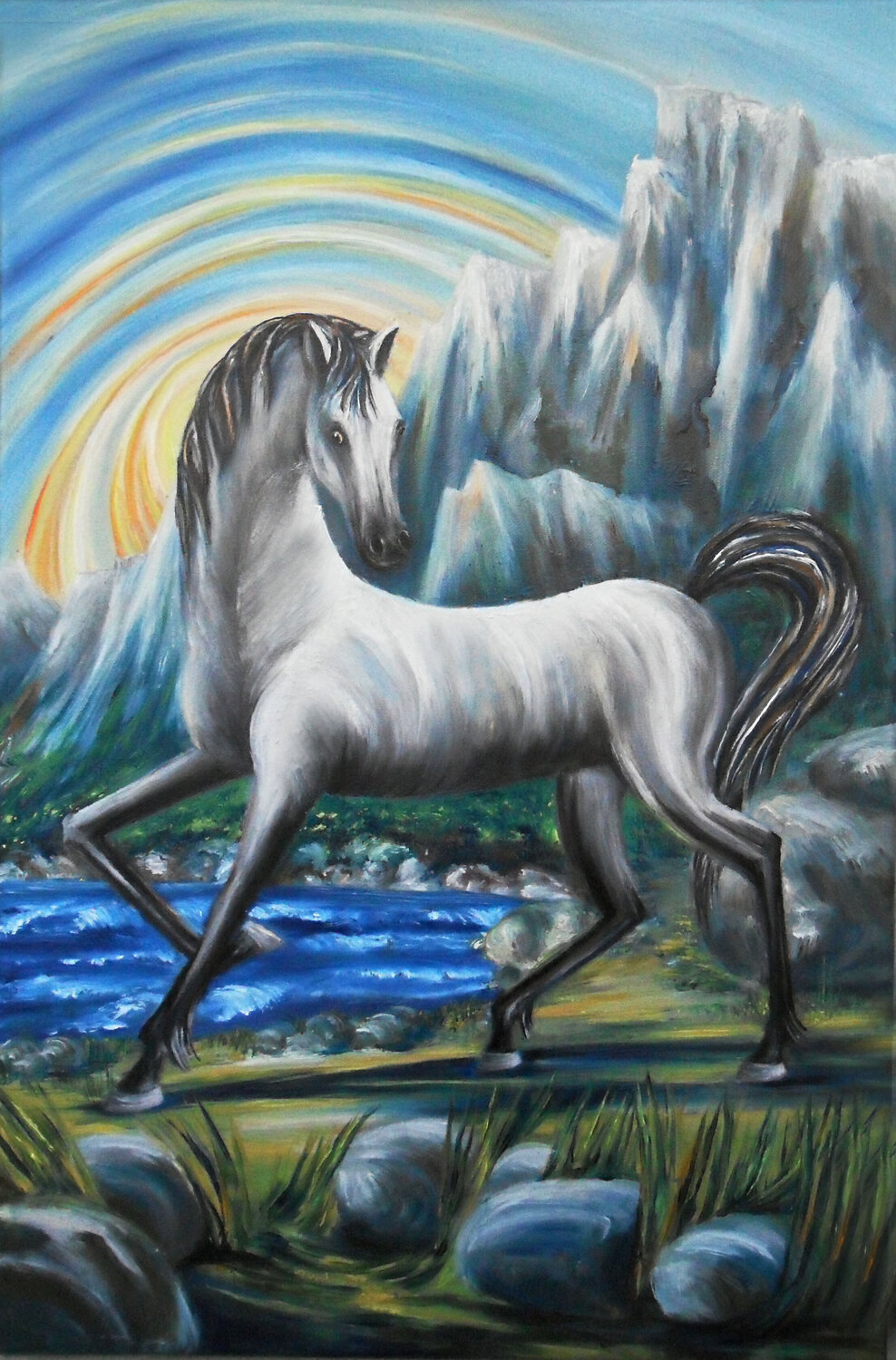 The White Horse near the Mountain Flow Olga Milova Original painting for sale