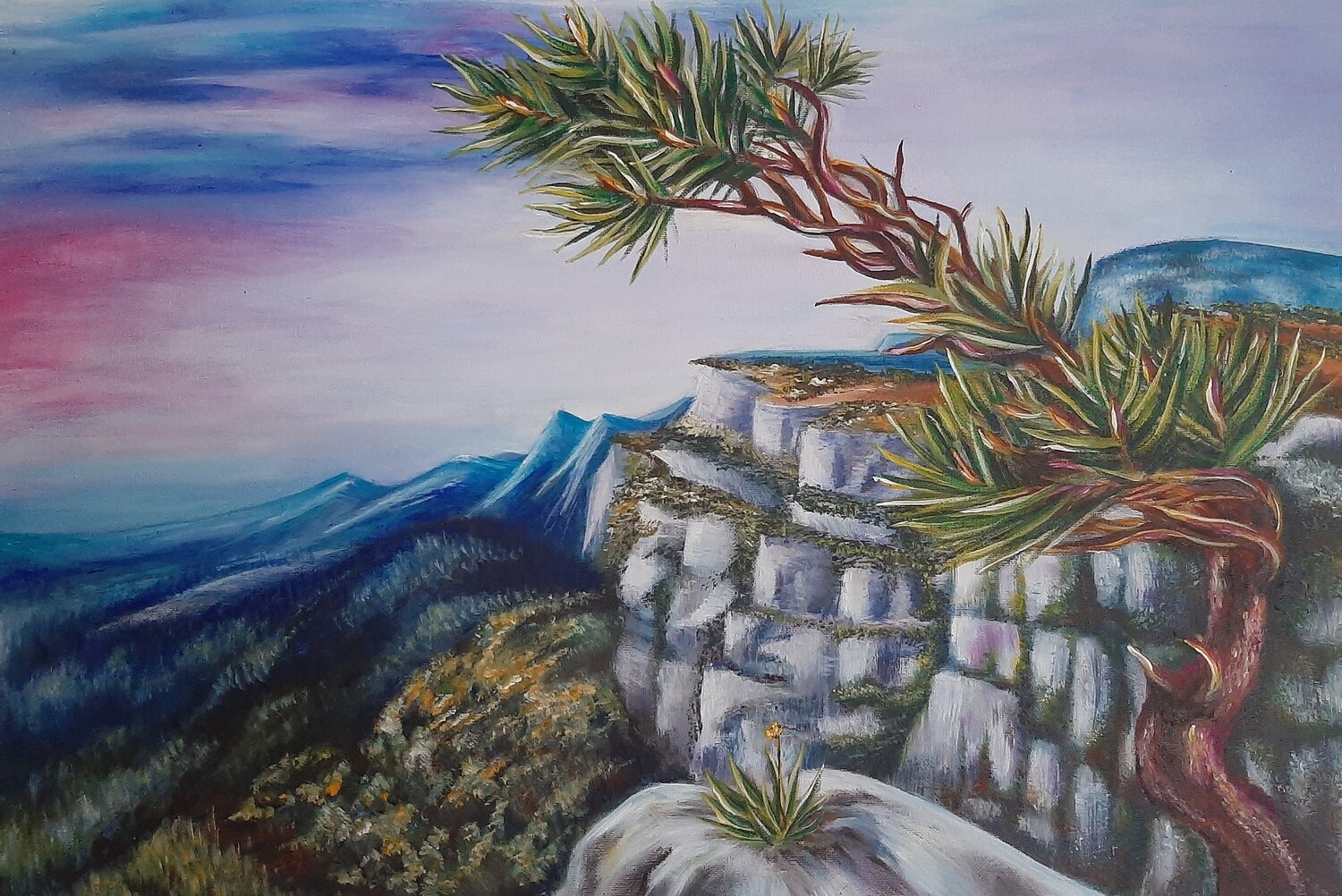 Pine on the Rock – Landscape with Mountains, Sky and Wind Olga Milova Original painting for sale