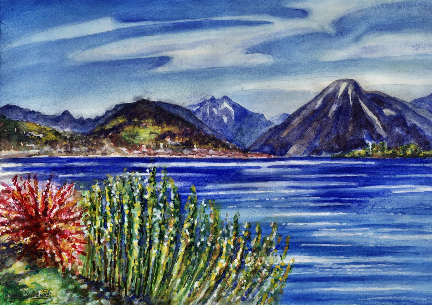Lake Tegernsee with mountain view in autumn Olga Milova Original painting for sale