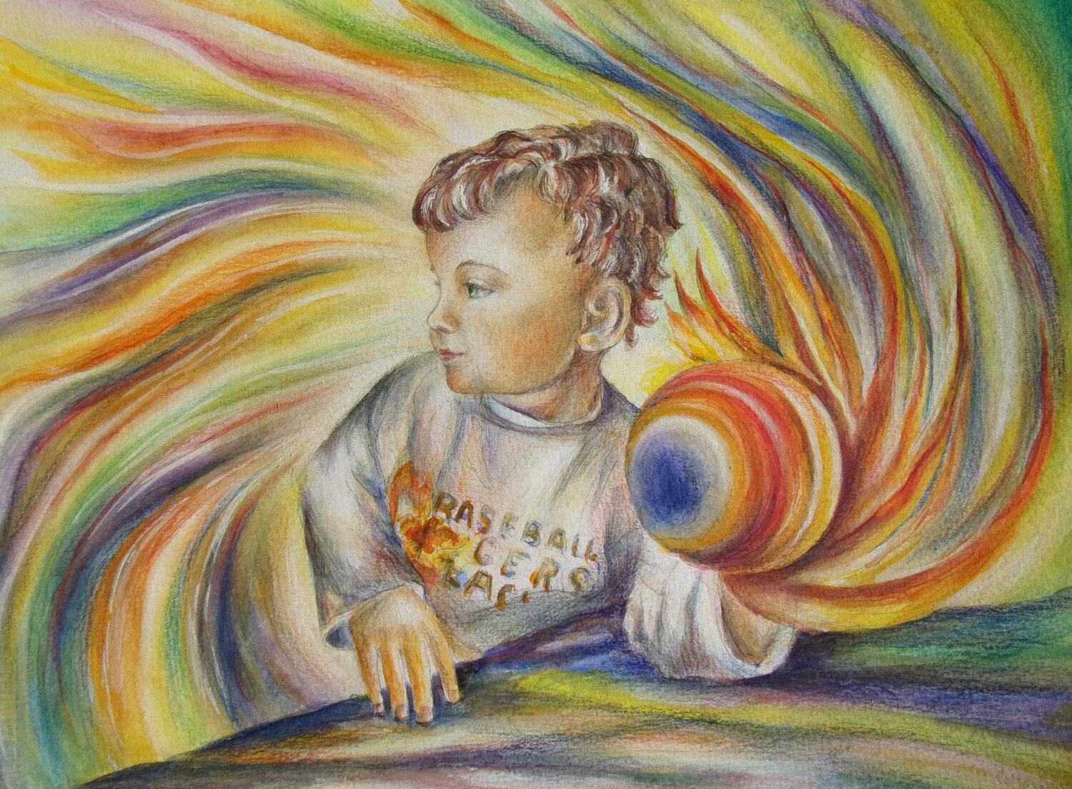 Child with a ball, rainbow in hand Olga Milova Original painting for sale