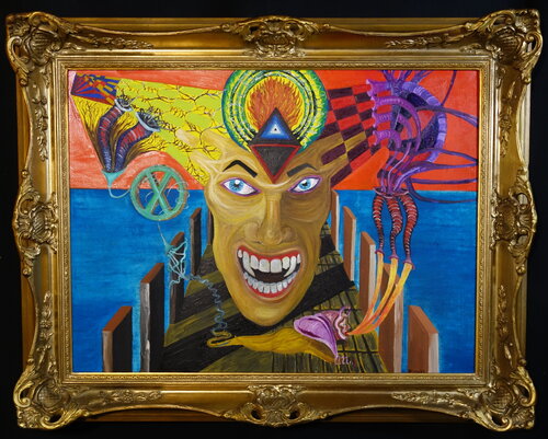 Traum --- Verursacht durch das inhallieren dreier Feuersäulen durch ein sphinxartiges Wesen eine Sekunde nach dem Aufwachen. by Tilo Tscheulin, Painting for Sale on Select