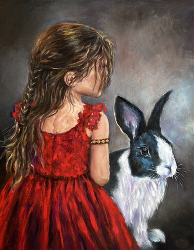 The Girl in Red and Her Rabbit by Rita Hsu, Painting for Sale on Select