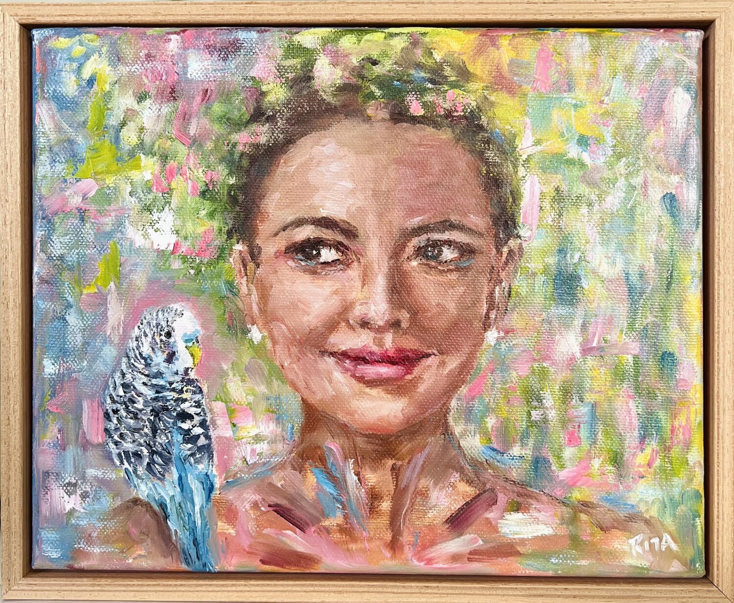 The Girl and Her Budgie Rita Hsu Original painting for sale