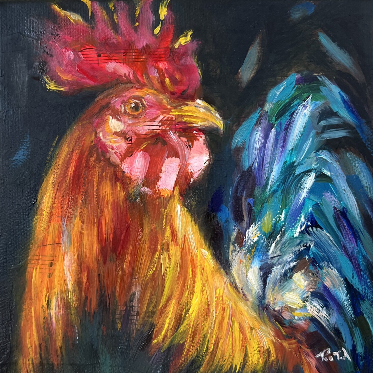 The Handsome Rooster Rita Hsu Original painting for sale