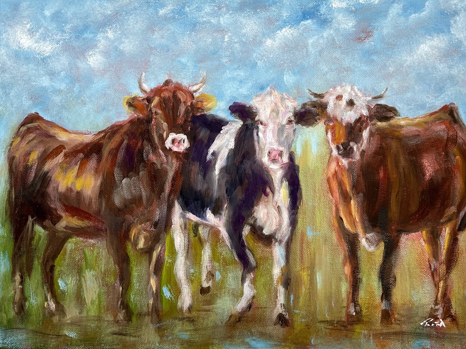 Three Cows Under Open Skies Rita Hsu Original painting for sale