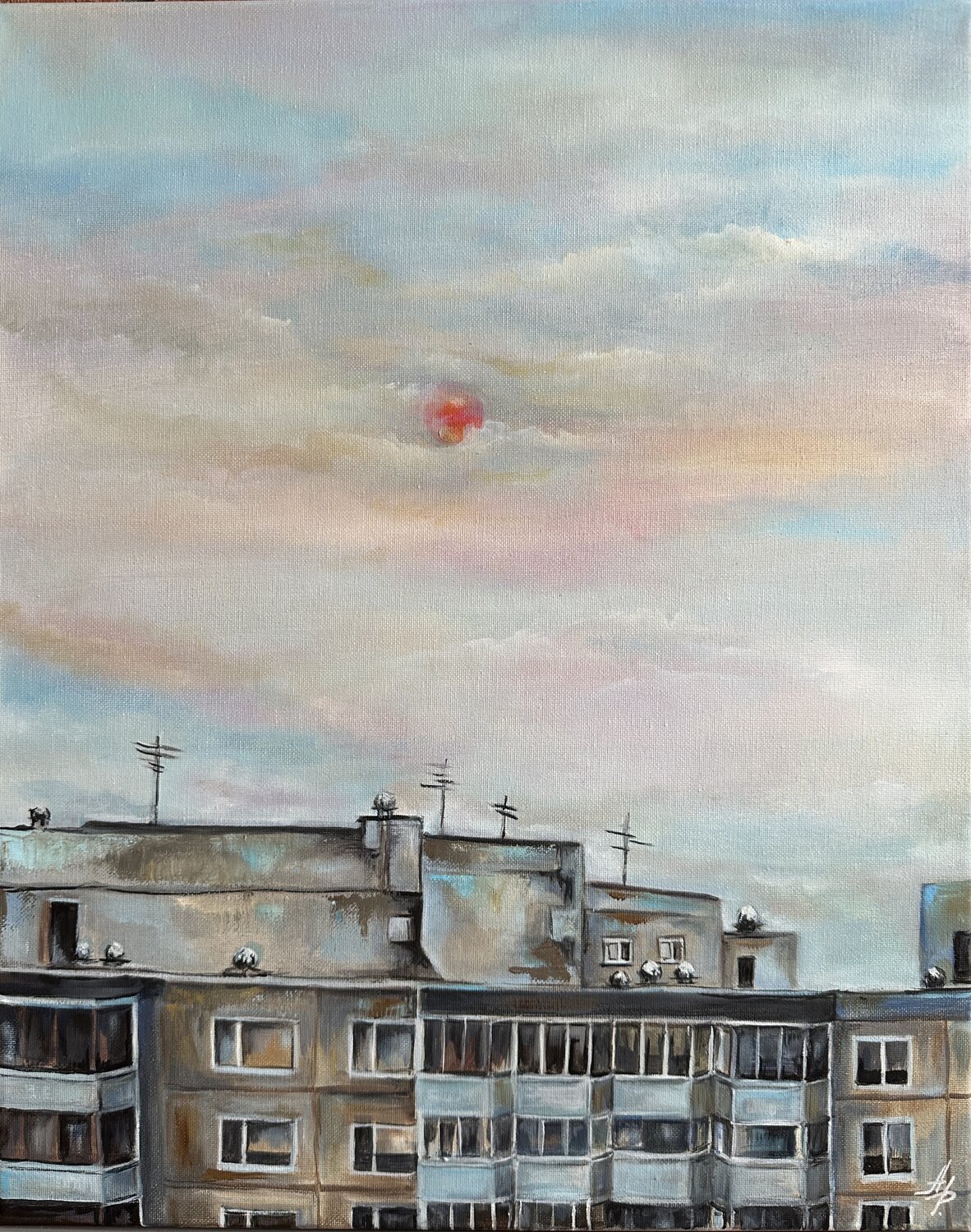Sunset over Khrushchyovkas Anna Parhimovitš Original painting for sale