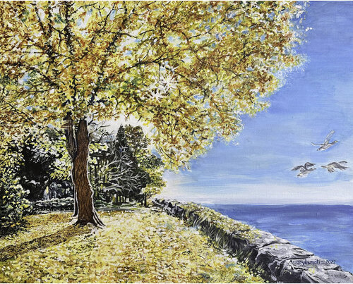 Golden Tree at the Edge of a Tranquil Lake by Maria Matic and Amarylismatic, Painting for Sale on Select