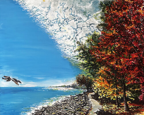 Autumn colors and a blue lake by Maria Matic and Amarylismatic, Painting for Sale on Select