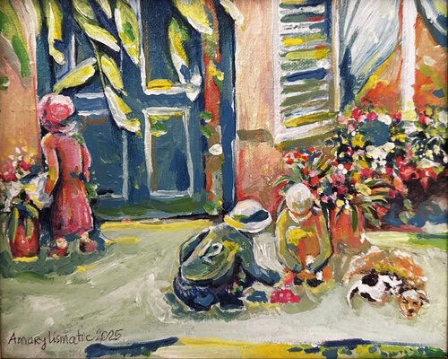 Children are playing in front of the house by Maria Matic and Amarylismatic, Painting for Sale on Select