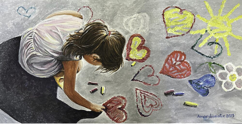 Girl and Hearts by Maria Matic and Amarylismatic, Painting for Sale on Select