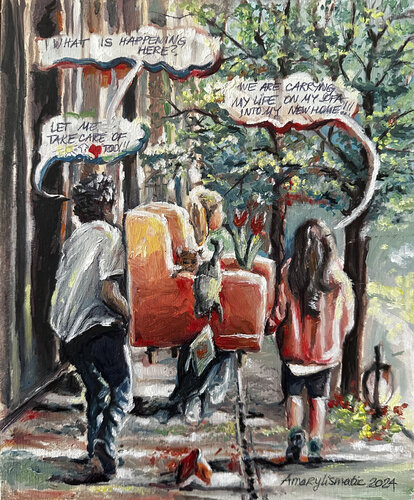 City Life: Carrying and Taking Care of Sofa's Life Memories by Maria Matic and Amarylismatic, Painting for Sale on Select