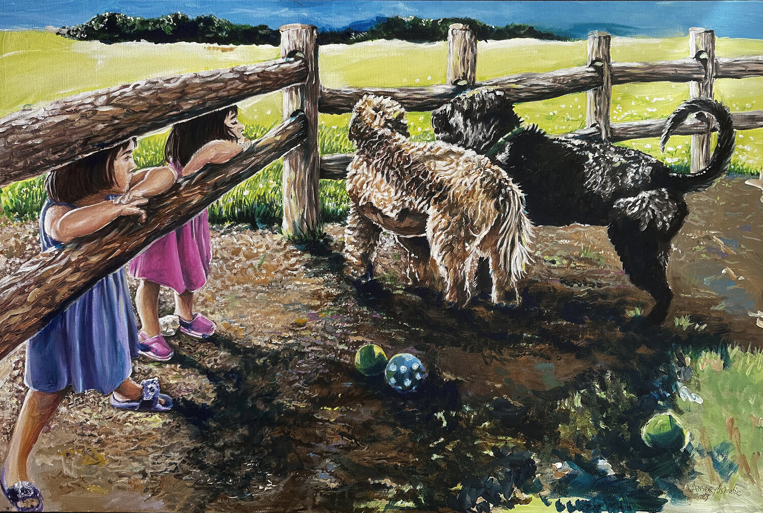 Girls listening to a conversation between dogs Maria Matic and Amarylismatic Original painting for sale