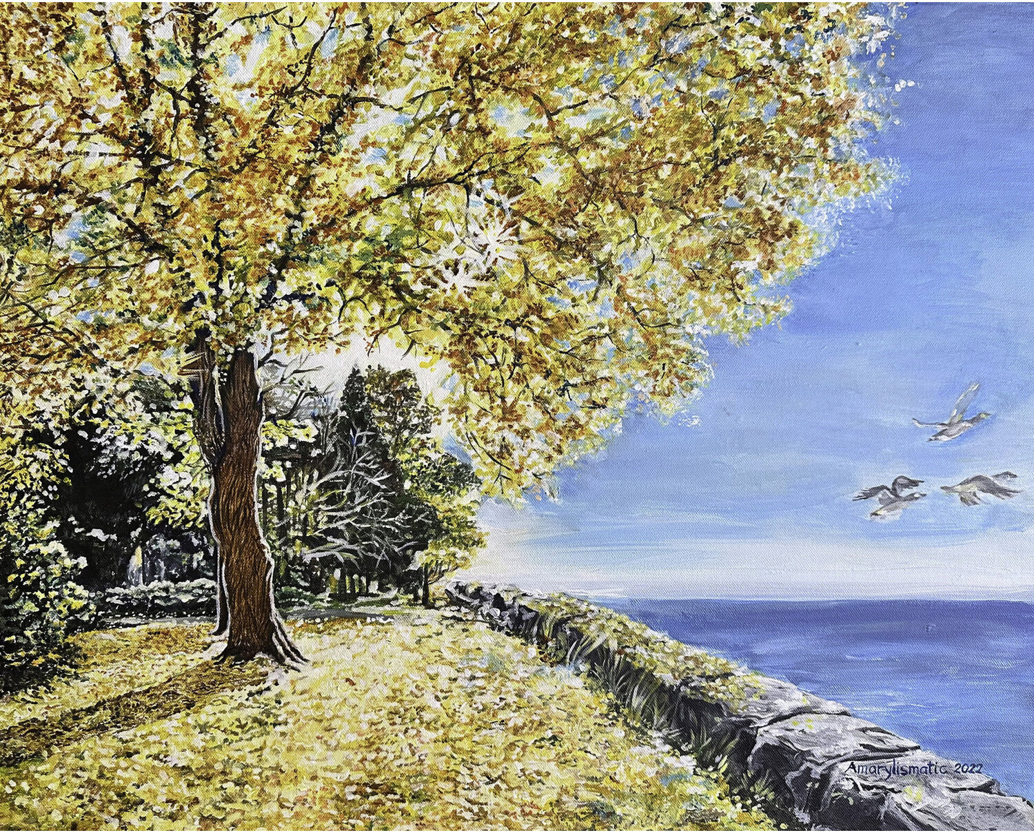 Golden Tree at the Edge of a Tranquil Lake Maria Matic and Amarylismatic Original painting for sale