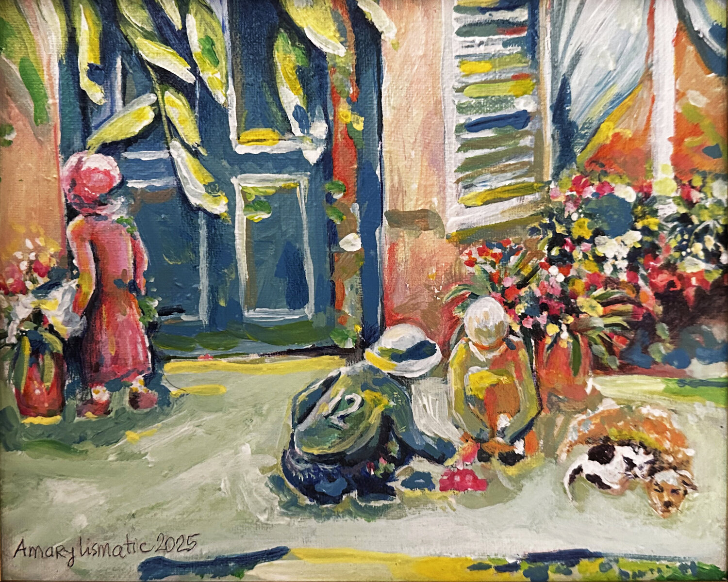 Children are playing in front of the house Maria Matic and Amarylismatic Original painting for sale