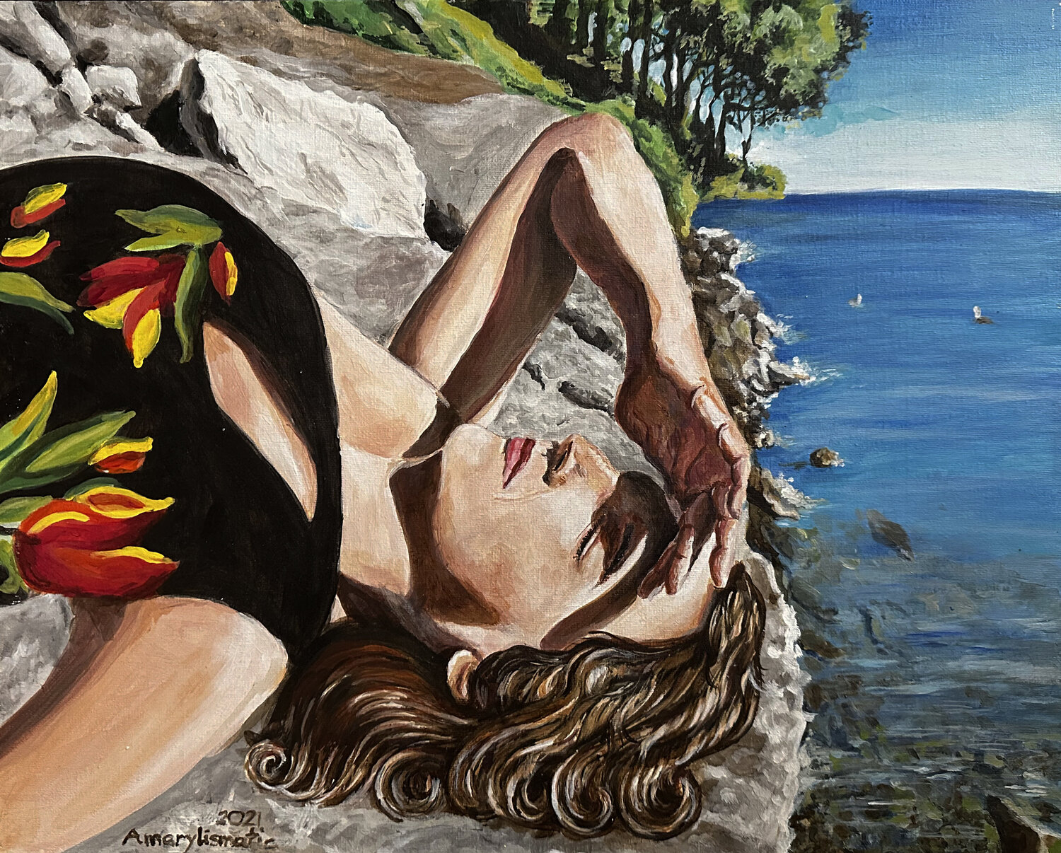 Embracing the gentle energy of the sun, breeze, and beautiful calm day Maria Matic and Amarylismatic Original painting for sale