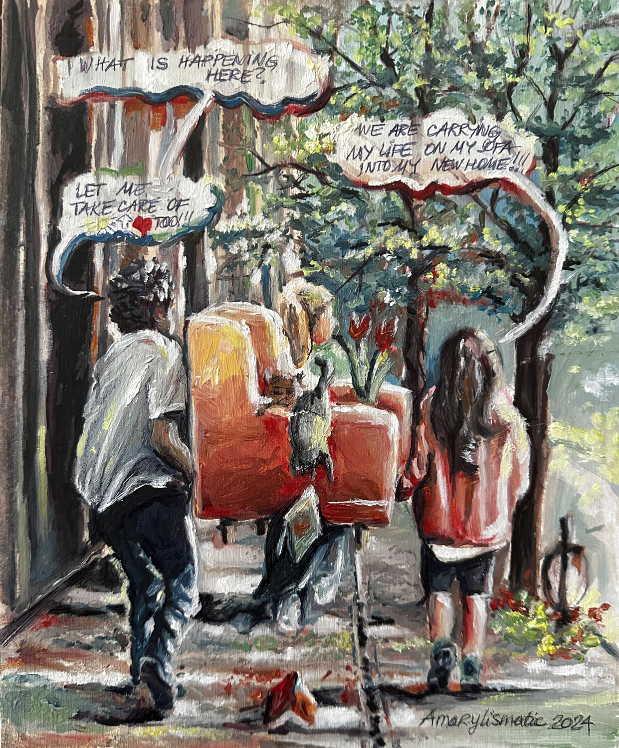 City Life: Carrying and Taking Care of Sofa's Life Memories Maria Matic and Amarylismatic Original painting for sale