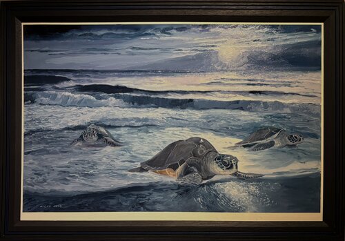 Sea turtles crawling ashore to their nesting sites by Gerald Miles, Painting for Sale on Select