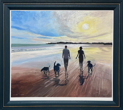 Walking dogs on a sandy beach by Gerald Miles, Painting for Sale on Select