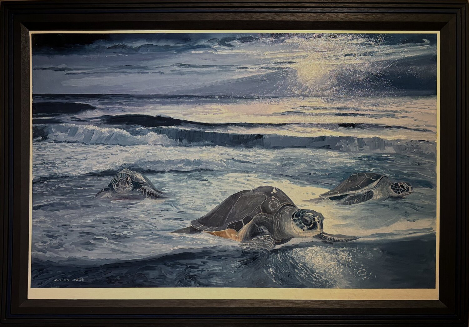 Sea turtles crawling ashore to their nesting sites Gerald Miles Original painting for sale