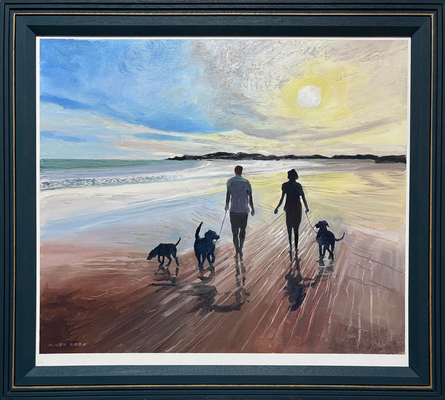 Walking dogs on a sandy beach Gerald Miles Original painting for sale