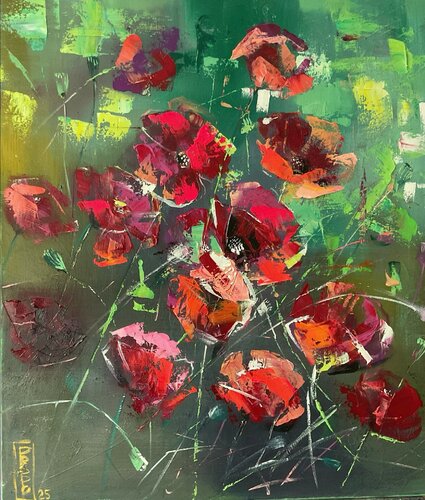Abstract poppies by Petko Dzhelebov, Painting for Sale on Select