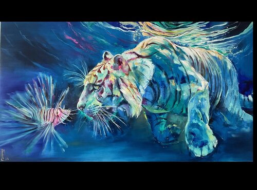 “An unusual meeting, in an unusual place" what is your feeling and first thought when you see my new painting? Love, curiosity, or hunting? by Petko Dzhelebov, Painting for Sale on Select