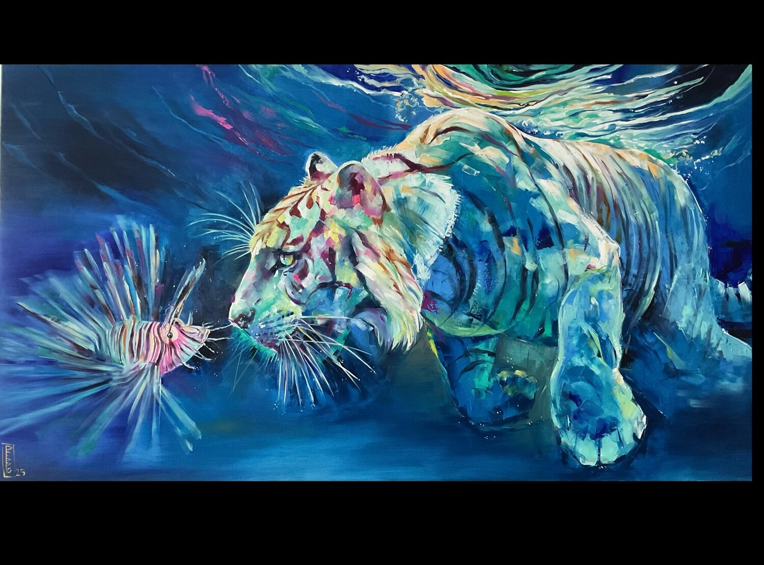 “An unusual meeting, in an unusual place" what is your feeling and first thought when you see my new painting? Love, curiosity, or hunting? Petko Dzhelebov Original painting for sale