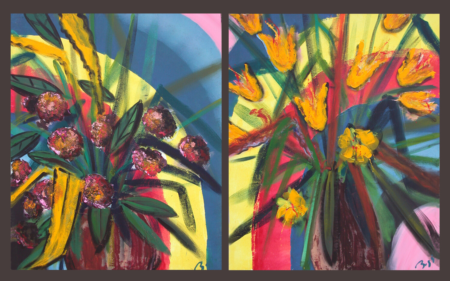 diptyque "bouquet double à l’arc en ciel" Jean-Yves Benzi Original painting for sale