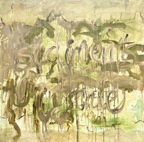 Sediment’s Tale (Text-Based Abstract Painting in Green) by Irene Watson, Painting for Sale on Select