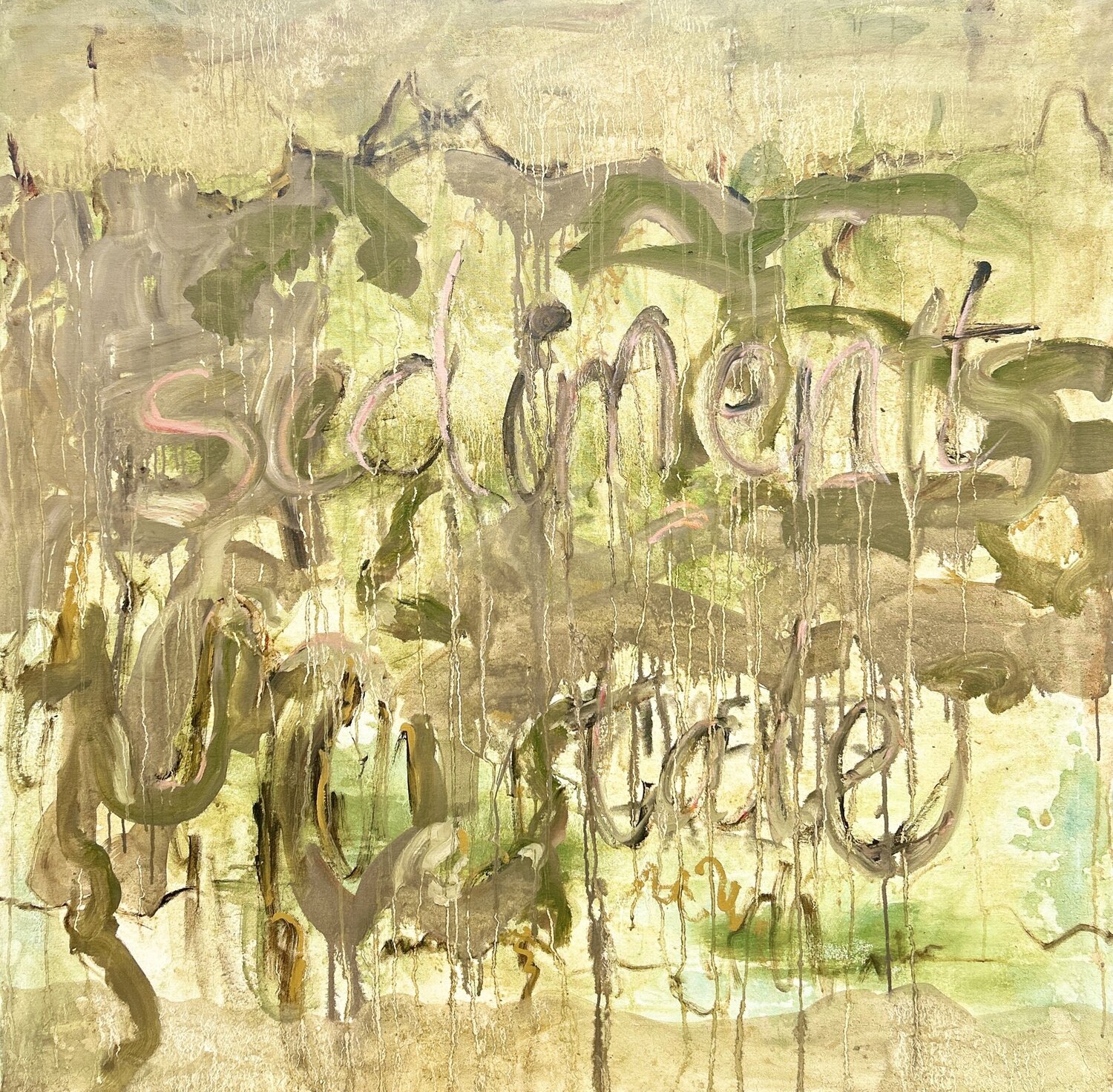 Sediment’s Tale (Text-Based Abstract Painting in Green) Irene Watson Original painting for sale