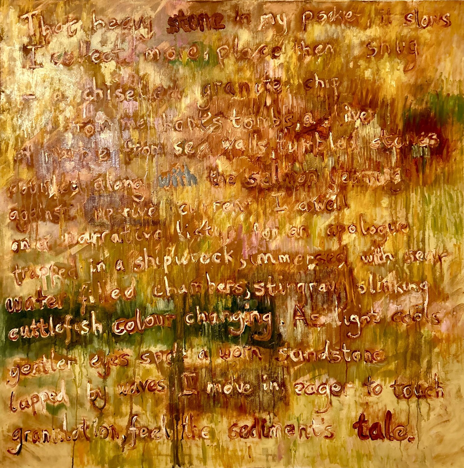 Text-Based Abstract Painting: That heavy stone in my pocket, it slows. I collect more, place them, snug. Irene Watson Original painting for sale