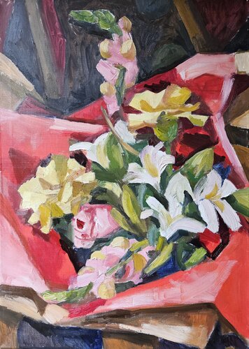Bouquet in Red Paper I by @asaleanderz Leanderz, Painting for Sale on Select