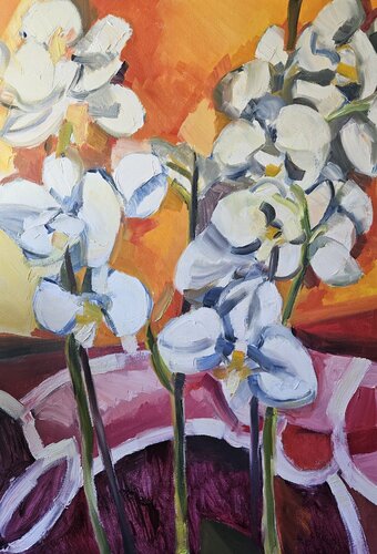 White Orchid Against Orange by @asaleanderz Leanderz, Painting for Sale on Select