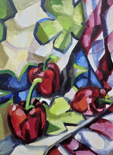 Bell Pepper on a Floral Drapery by @asaleanderz Leanderz, Painting for Sale on Select