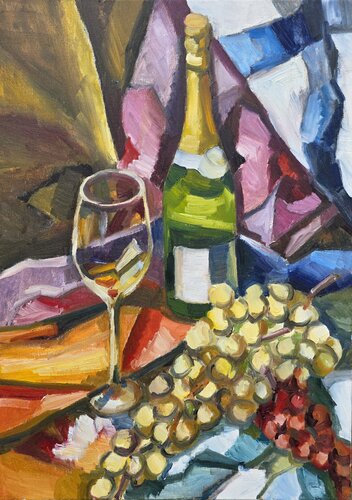 Still Life I with Bottle, Grapes, and Glass by @asaleanderz Leanderz, Painting for Sale on Select