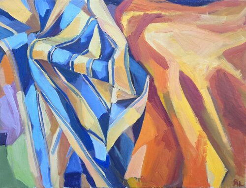 Yellow and Blue Striped Fabric Beside Orange by @asaleanderz Leanderz, Painting for Sale on Select