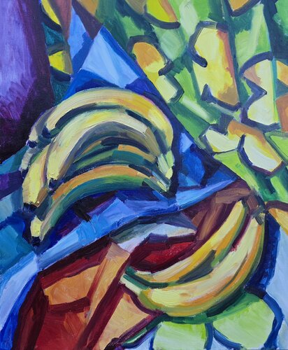 Bananas scattered across a yellow floral background by @asaleanderz Leanderz, Painting for Sale on Select