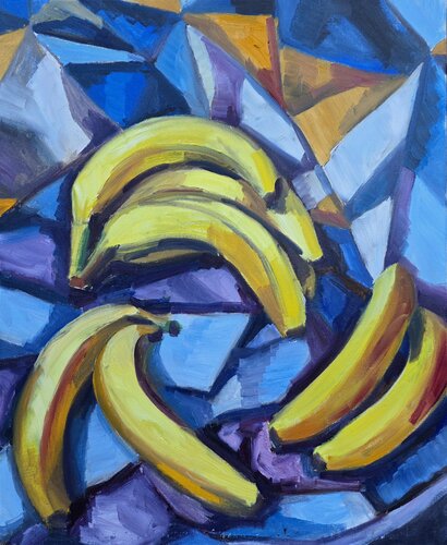 Bananas on blue fabric by @asaleanderz Leanderz, Painting for Sale on Select