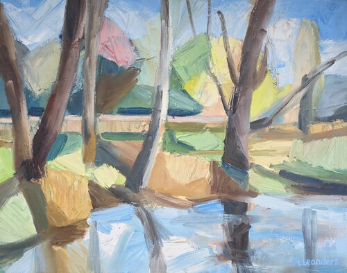 Trees by the Lake in Spring by @asaleanderz Leanderz, Painting for Sale on Select