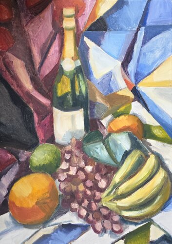 Stillife with bottle and oranges by @asaleanderz Leanderz, Painting for Sale on Select