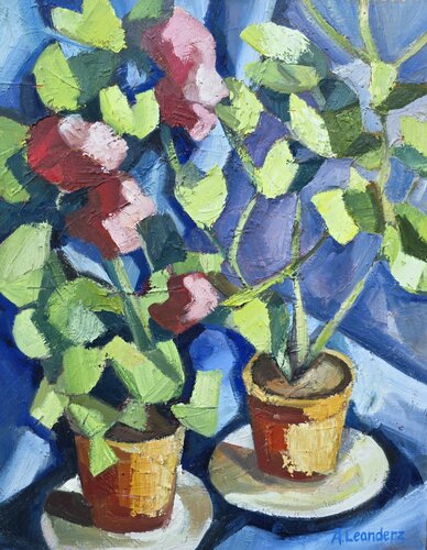 Two blooming geraniums in pots by @asaleanderz Leanderz, Painting for Sale on Select