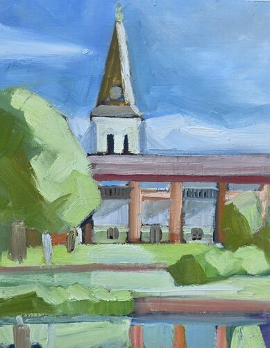 The church steeple behind the old bathhouse by @asaleanderz Leanderz, Painting for Sale on Select
