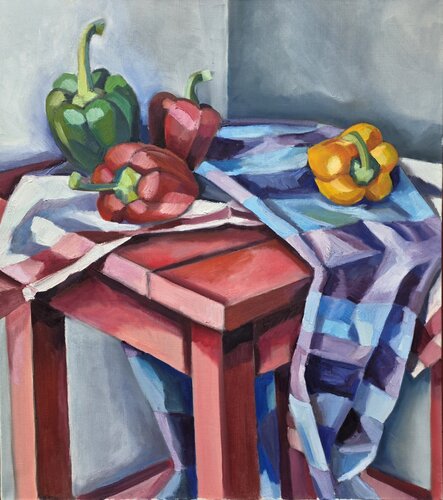Bell peppers resting on a striped cloth on top of a stool by @asaleanderz Leanderz, Painting for Sale on Select