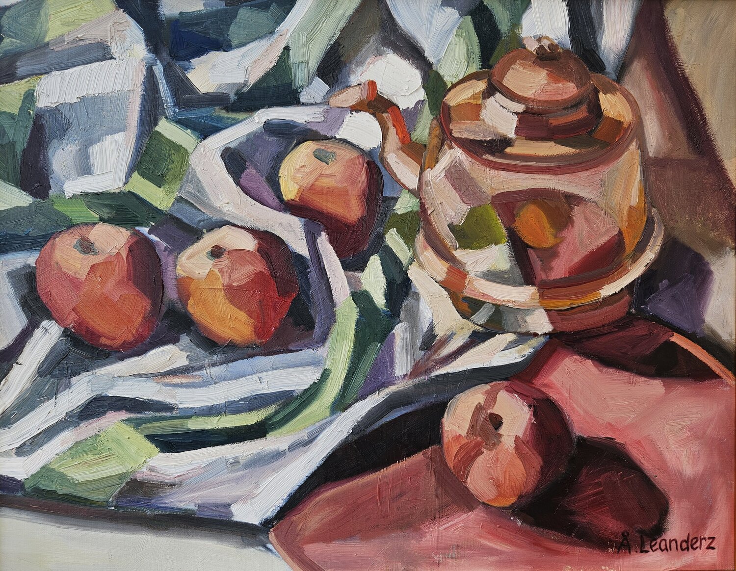 Still Life I: Copper Pitcher, Apples, Stripes and Red @asaleanderz Leanderz Original painting for sale