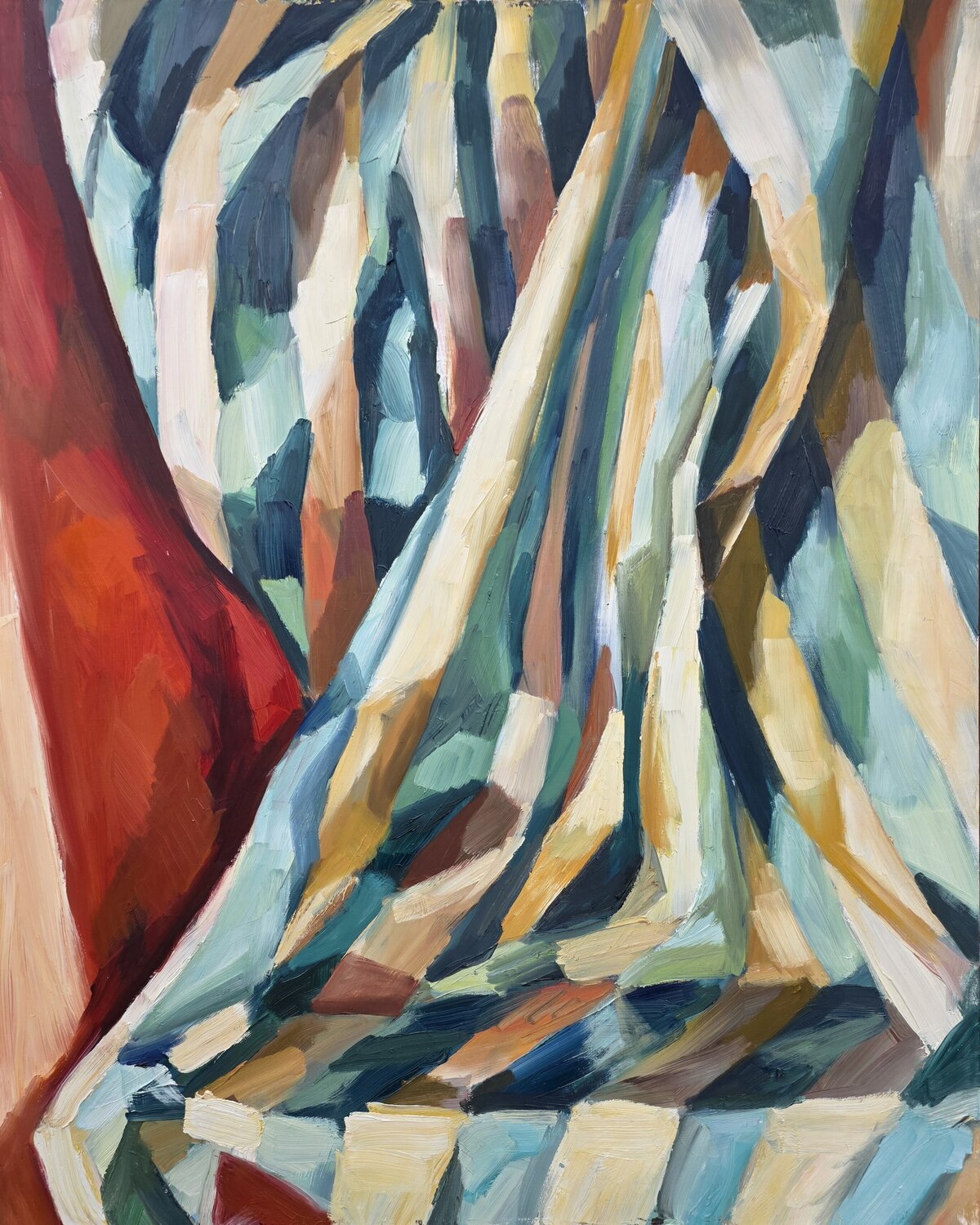 Green and Beige Striped Drapery Beside Red @asaleanderz Leanderz Original painting for sale